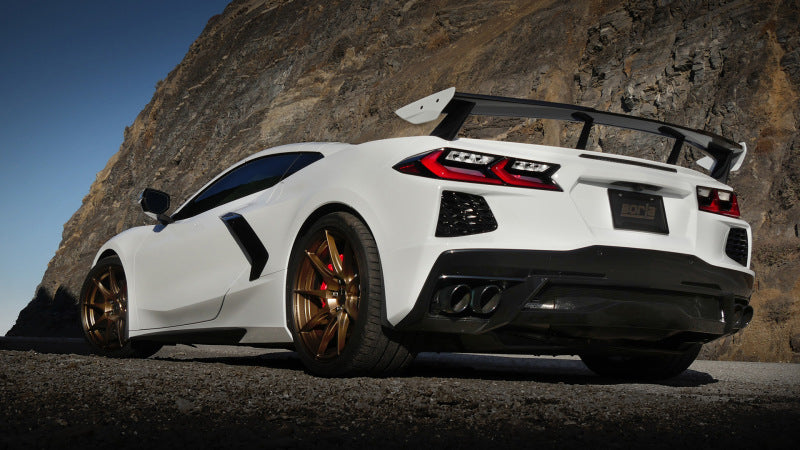 Borla catback exhaust system for 2020 Chevrolet Corvette C8 with dual round rolled tips and black chrome finish.