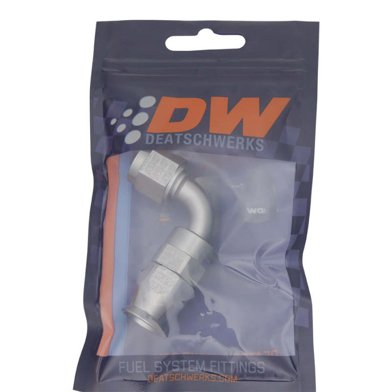 DeatschWerks 6AN female swivel 90-degree hose end fitting with PTFE liner and olive insert, automotive fuel fitting.