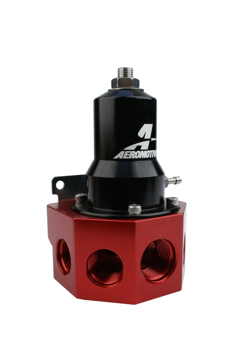 Aeromotive fuel pressure regulator with 30-120 PSI range, .500 valve, four AN-08 and AN-10 inlets, and AN-10 bypass connection.
