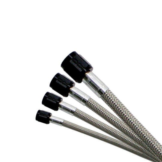 Black stainless steel braided hose from Nitrous Express, 12 inches long, designed for high-performance automotive applications.