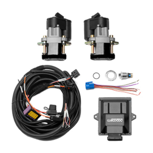 Wilwood rear electronic parking brake retrofit kit with 1.250-inch black rotor and performance brake calipers for enhanced stopping power.