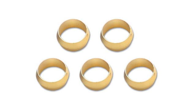 Vibrant Brass Olive Inserts 5/16 inch fittings, pack of 5, shown in close-up with a shiny brass finish for plumbing or irrigation.