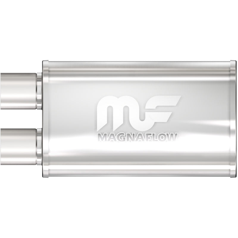 Magnaflow MagnaFlow muffler Mag SS 14x5x8 with 2.5-inch inlet and outlet, showcasing the polished stainless steel exterior.