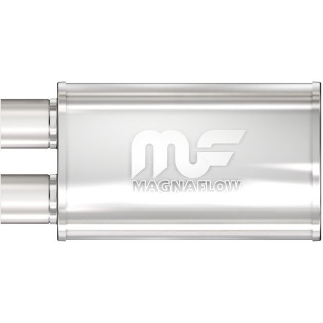 Magnaflow MagnaFlow muffler Mag SS 14x5x8 with 2.5-inch inlet and outlet, showcasing the polished stainless steel exterior.