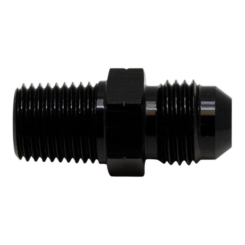 DeatschWerks 6AN male flare to 1/4-inch male NPT fitting in matte black anodized finish, showing the threaded metal components.