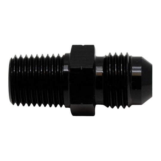 DeatschWerks 6AN male flare to 1/4-inch male NPT fitting in matte black anodized finish, showing the threaded metal components.