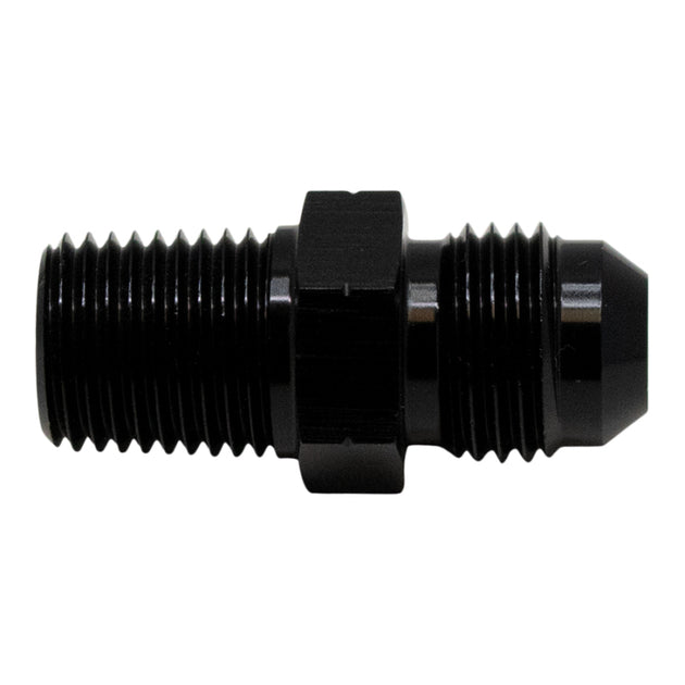 DeatschWerks 6AN male flare to 1/4-inch male NPT fitting in matte black anodized finish, showing the threaded metal components.