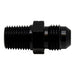 DeatschWerks 6AN male flare to 1/4-inch male NPT fitting in matte black anodized finish, showing the threaded metal components.