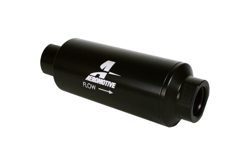 Aeromotive fuel filter with AN-12 ORB connection and 10-micron microglass element for inline fuel filtration system.