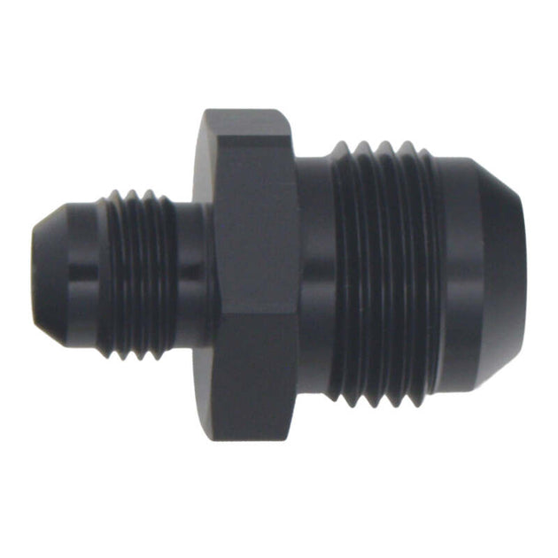 DeatschWerks 10AN to 6AN male flare reducer fitting in matte black anodized finish, straight design for fuel or oil lines.