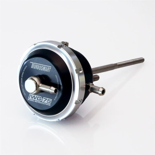 Turbosmart IWG75 Borg Warner EFR twin port wastegate with black 160mm rod and 14 PSI spring, designed for turbocharger boost control.