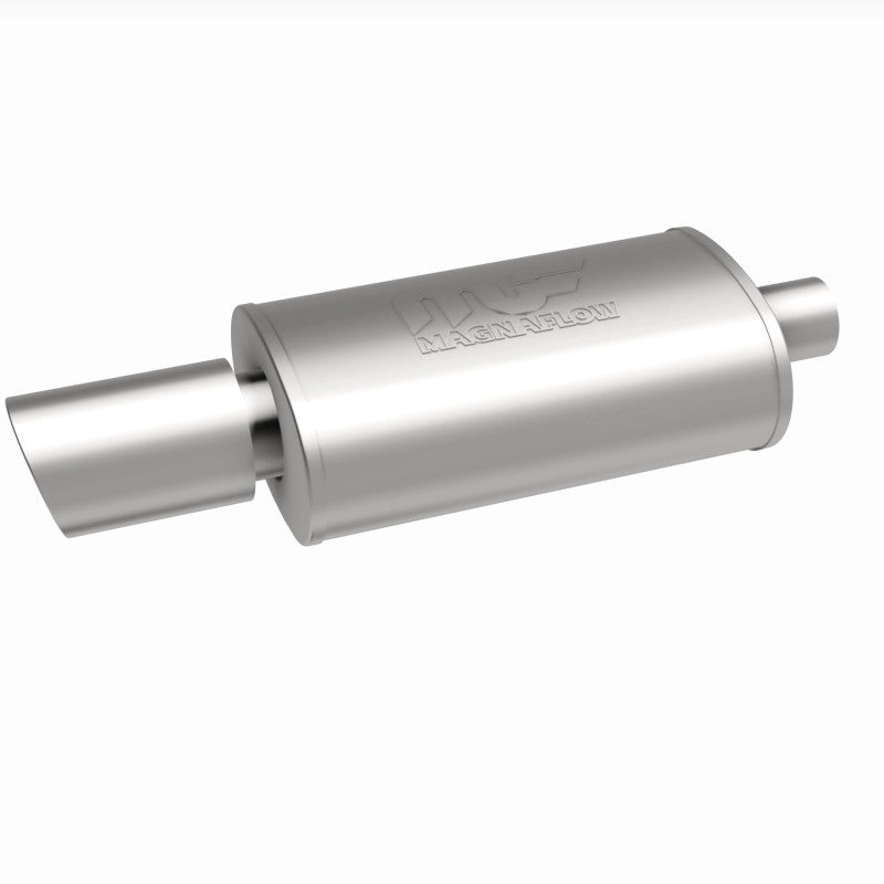MagnaFlow stainless steel muffler with tip, 14x5x8 inches, featuring dual inlet outlets, designed for automotive exhaust systems