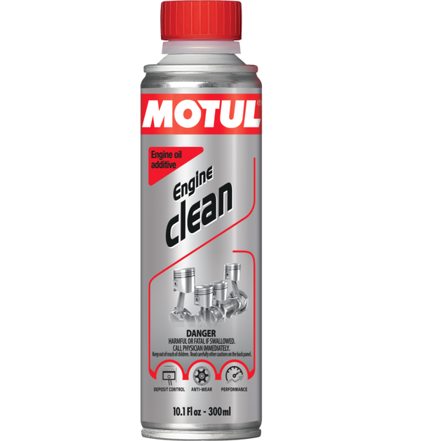 Motul 300ml engine clean additive bottle, automotive engine cleaner product, Motul brand for vehicle maintenance.