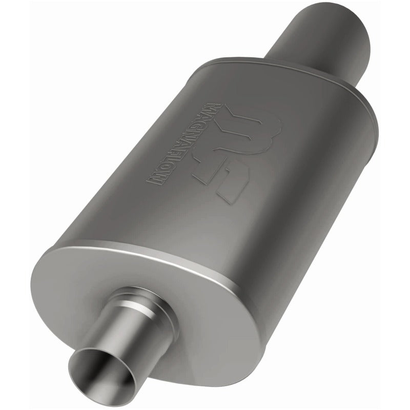 MagnaFlow stainless steel muffler with tip, 14x5x8 inches, featuring dual outlets and polished finish for performance exhaust systems.