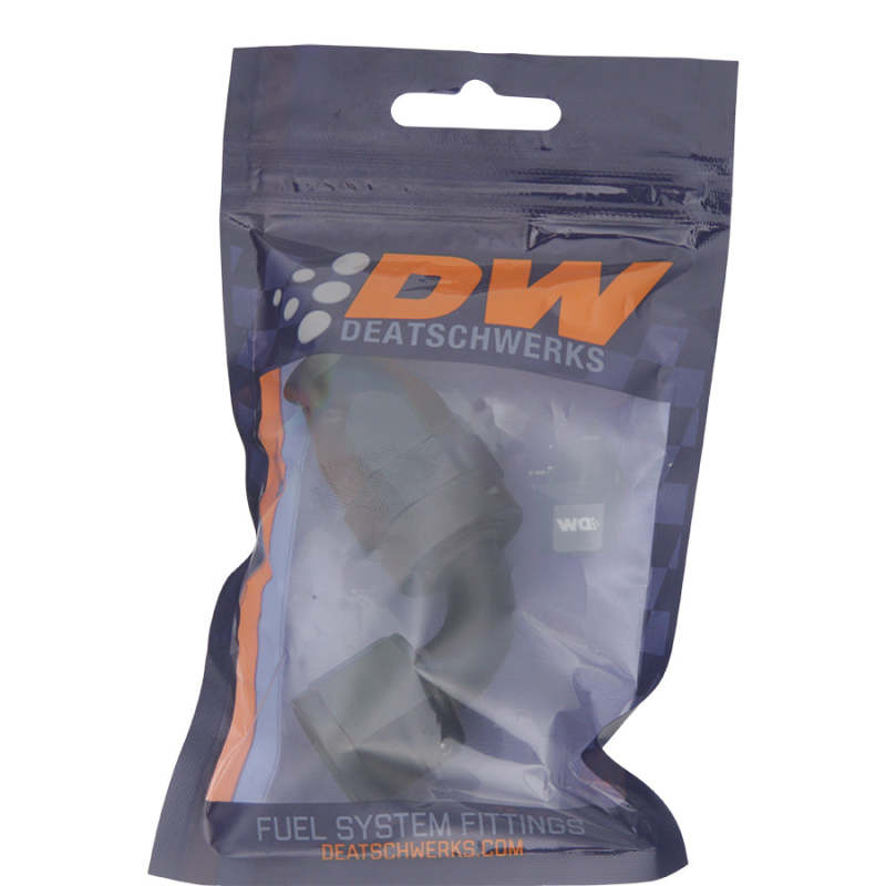 DeatschWerks 8AN female swivel 90-degree hose end fitting with PTFE and olive insert in anodized matte black, for high-performance fuel systems.