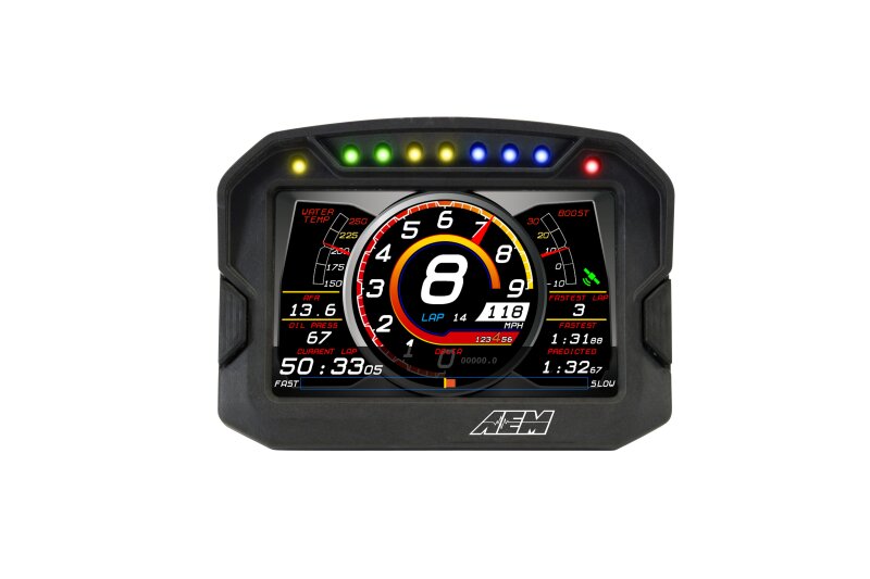 AEM CD-5LG Carbon Logging Digital Dash Display with internal 10Hz GPS and antenna, showing gauges and digital readouts.