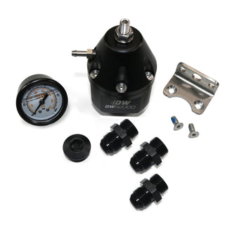DeatschWerks DWR2000 fuel pressure regulator with pressure gauge, black anodized finish, 10AN and 8AN fittings shown.