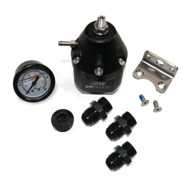 DeatschWerks DWR2000 fuel pressure regulator with pressure gauge, black anodized finish, 10AN and 8AN fittings included.