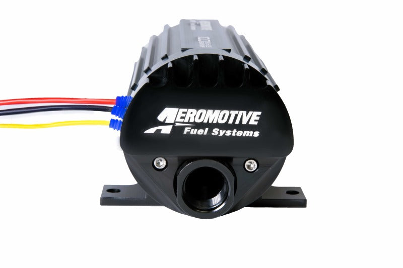 Aeromotive TVS In-Line Brushless Spur 10.0 external fuel pump with compact design and durable metal construction.