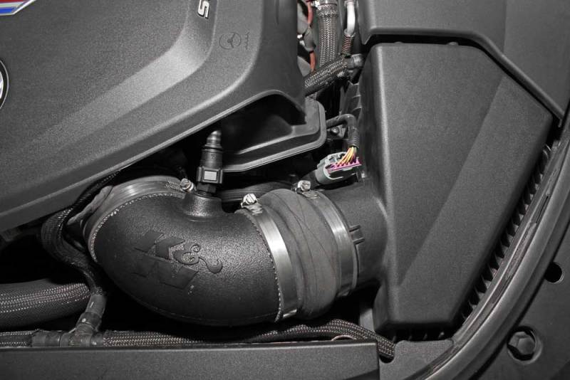 K&N 57 Series FIPK cold air intake kit for Cadillac CTS-V V8 6.2L engine, featuring high-flow performance air filter and intake tubing.