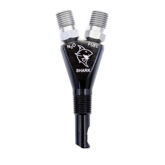 Nitrous Express Shark Nozzle showing a sleek, metal nitrous nozzle with precise nozzles for high-performance vehicle enhancement.