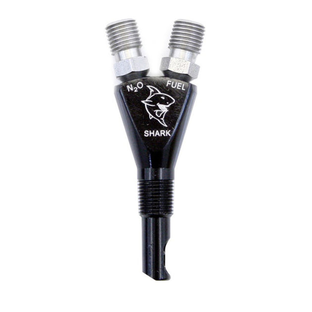 Nitrous Express Shark Nozzle showing a sleek, metal nitrous nozzle with precise nozzles for high-performance vehicle enhancement.