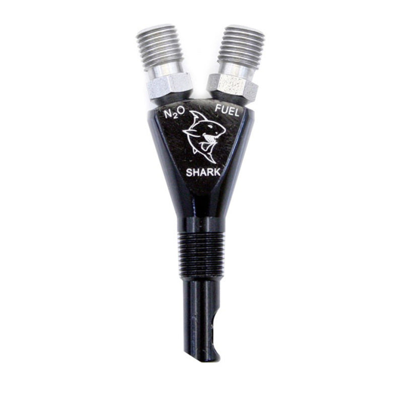 Nitrous Express Shark Nozzle showing a sleek, metal nitrous nozzle with precise nozzles for high-performance vehicle enhancement.