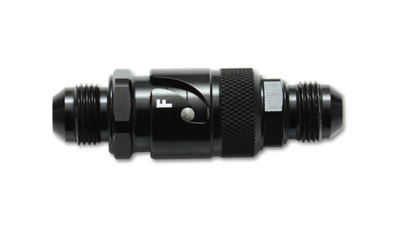 Vibrant aluminum -12AN quick release fitting with Viton seal, shown with threaded ends and smooth anodized finish.
