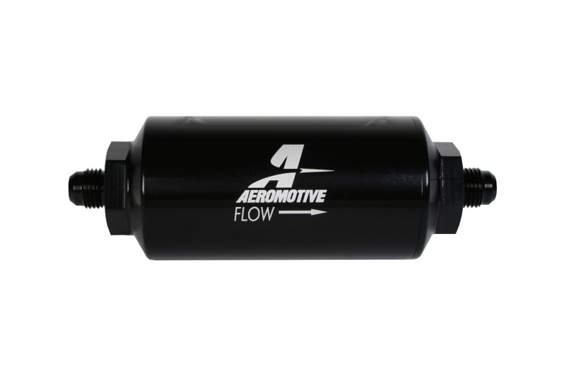 Aeromotive In-Line Fuel Filter with AN-06 male fitting and stainless steel 100 micron element for vehicle fuel systems.