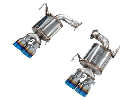 AWE Tuning Subaru WRX axle-back exhaust with vapor blue tips, showcasing polished metal finish and dual exhaust outlets.