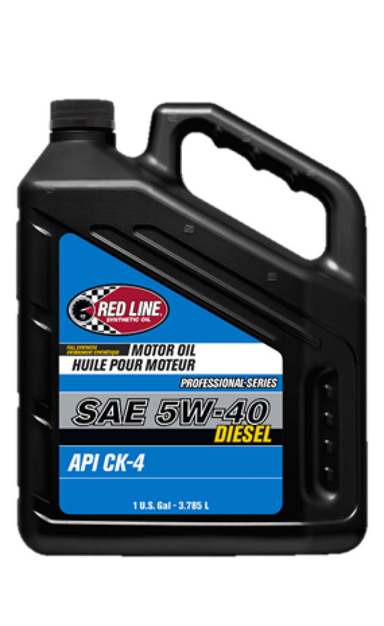 Red Line Pro-Series Diesel CK4 5W40 motor oil gallon container, high-performance motor oil for diesel engines.