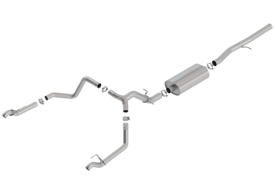 Borla catback exhaust system for 2019 Chevrolet Silverado and GMC Sierra 1500 6.2L SS Touring model, showing the polished stainless steel pipes.