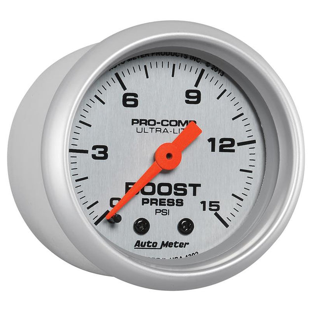 AutoMeter Ultra-Lite 52mm mechanical boost gauge displaying 0-15 PSI with black face and silver bezel for automotive use.