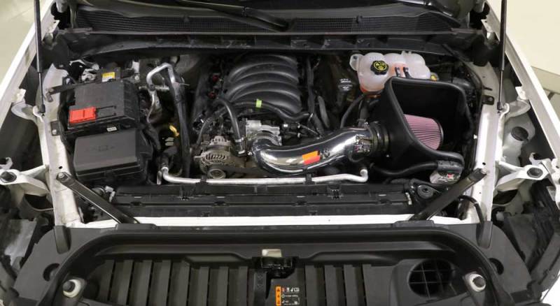 K&N Engineering cold air intake kit installed in a 2019 Chevy Silverado or GMC Sierra 1500 V8-5.3/6.2L engine.