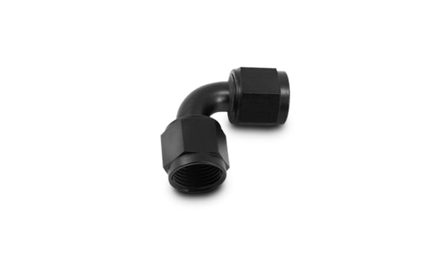 Vibrant black -4AN female 90 degree union adapter fitting, anodized aluminum, for high-performance automotive or plumbing applications.