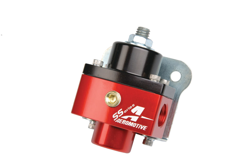 Aeromotive billet fuel pressure regulator with two-port AN-6 for carbureted engines, showcasing adjustable design and polished finish.