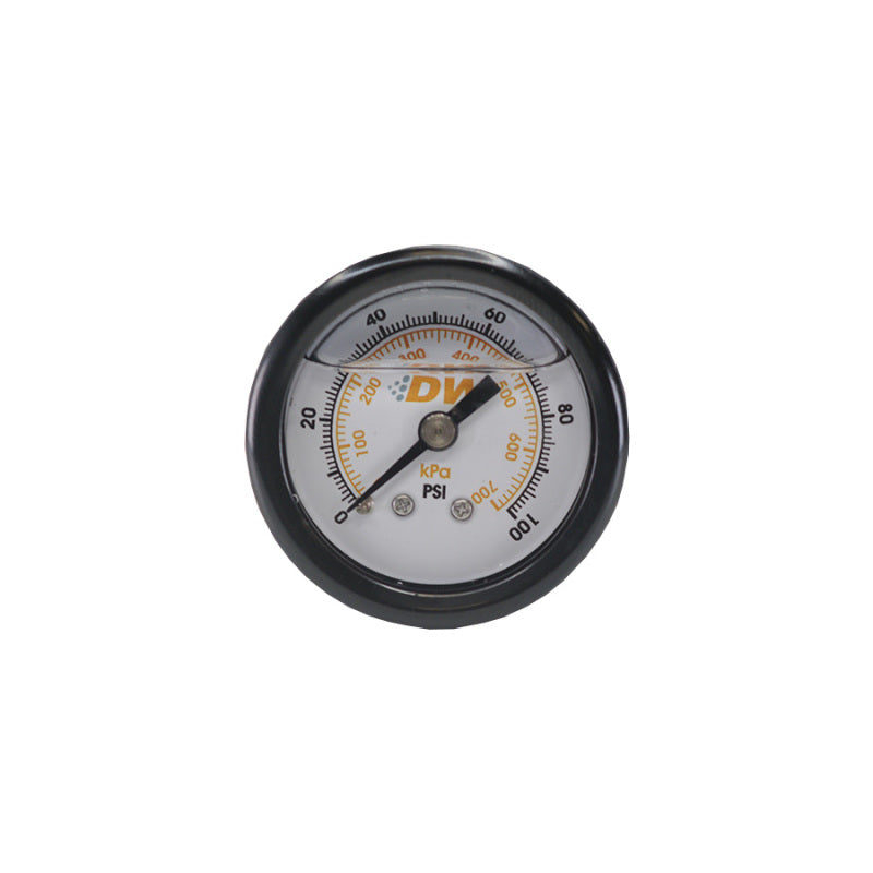 DeatschWerks 1.5-inch black mechanical fuel pressure gauge with 0-100 PSI range and 1/8 inch NPT fitting