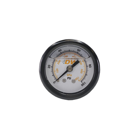 DeatschWerks 1.5-inch black mechanical fuel pressure gauge with 0-100 PSI range and 1/8 inch NPT fitting