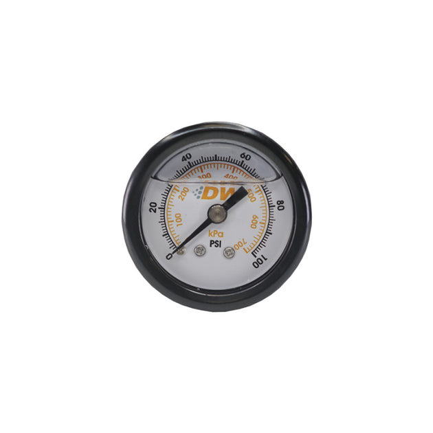 DeatschWerks 1.5-inch black mechanical fuel pressure gauge with 0-100 PSI range and 1/8 inch NPT fitting
