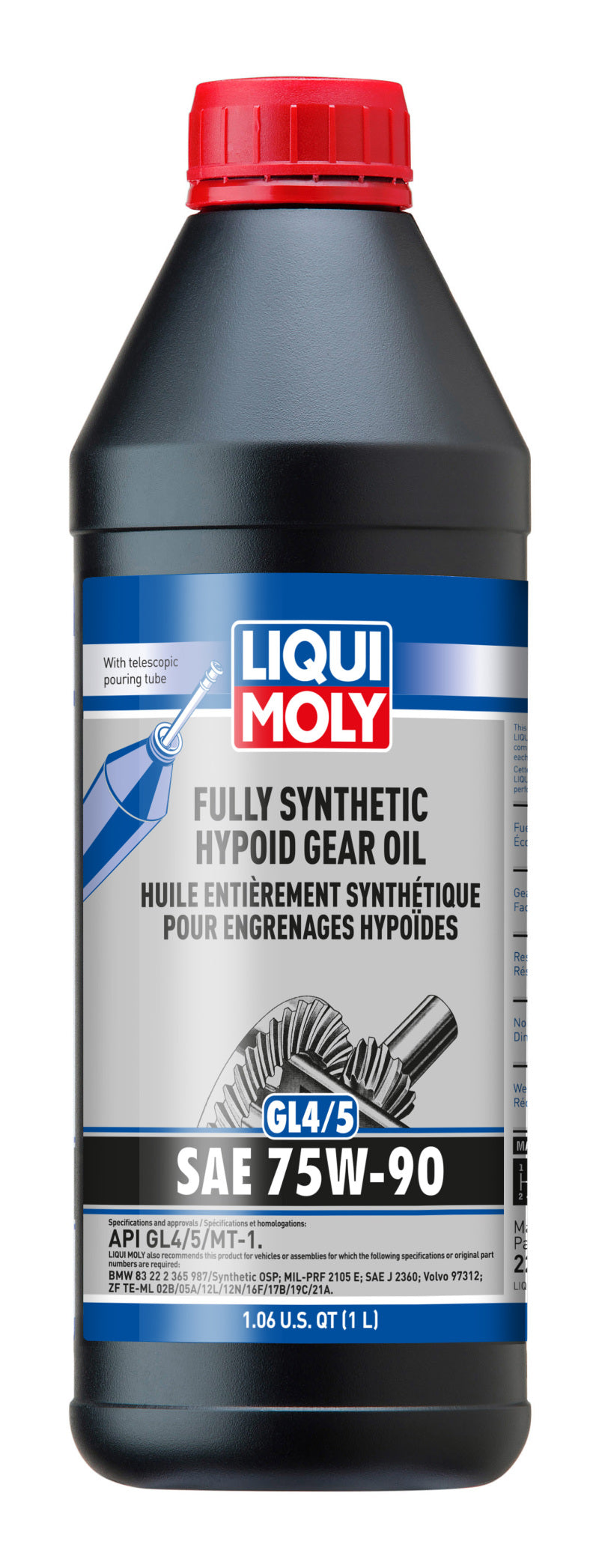 LIQUI MOLY 1L Fully Synthetic 75W90 Hypoid Gear Oil for manual transmissions and differentials, showing the oil container and label.