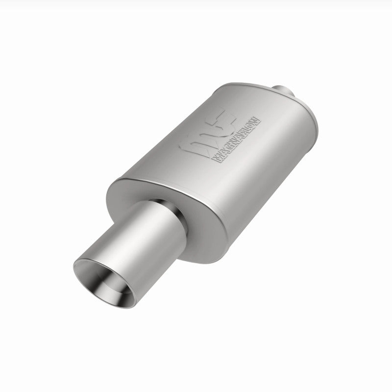 MagnaFlow muffler with tip, model RS 14x5x8, featuring 2.25/4 inch inlet and outlet, automotive exhaust part.