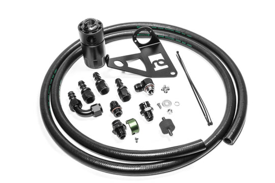 Radium Engineering BMW E46 3-Series oil catch can kit with fluid lock, featuring black canisters and hose connections.
