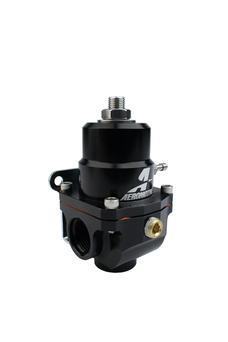Aeromotive adjustable fuel pressure regulator with 3-15 PSI range, .313 valve, two -08 inlets and -08 return fittings.