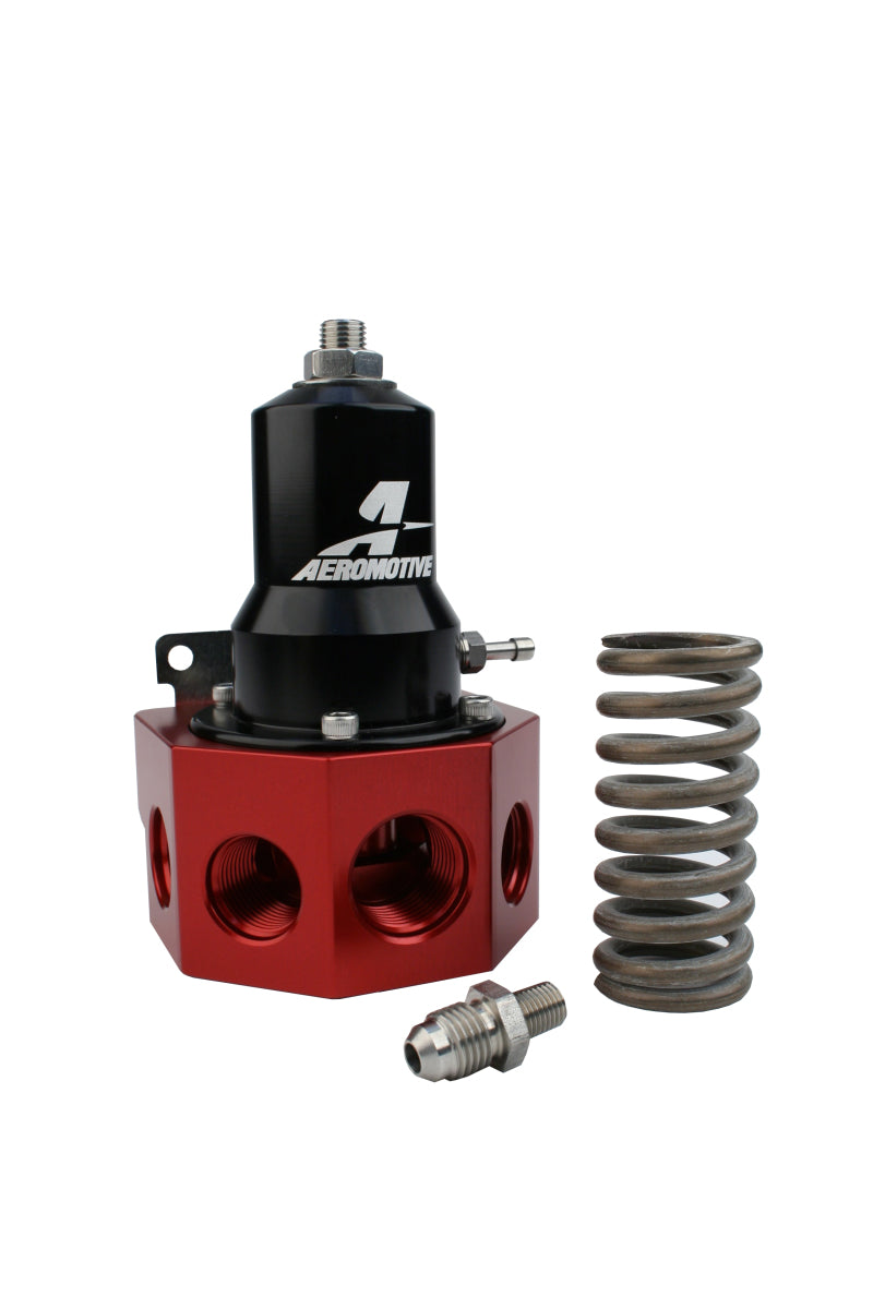 Aeromotive fuel pressure regulator with 30-120 PSI range, .500 valve, four AN-08 and AN-10 inlets, and AN-10 bypass for performance cars.