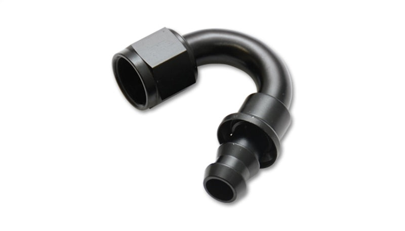 Vibrant -4AN push-on 150-degree hose end fitting with vibrant red color, designed for high-performance automotive hoses.