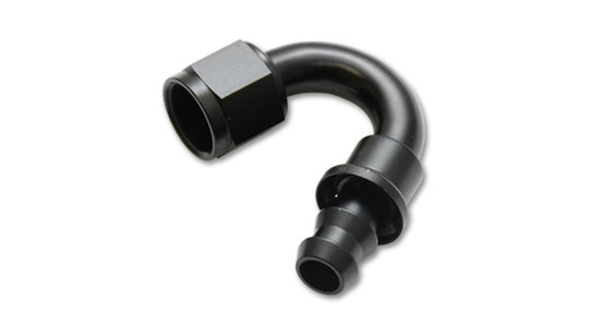 Vibrant aluminum -8AN push-on 150-degree hose end fitting with a vibrant finish, designed for high-performance automotive hoses.