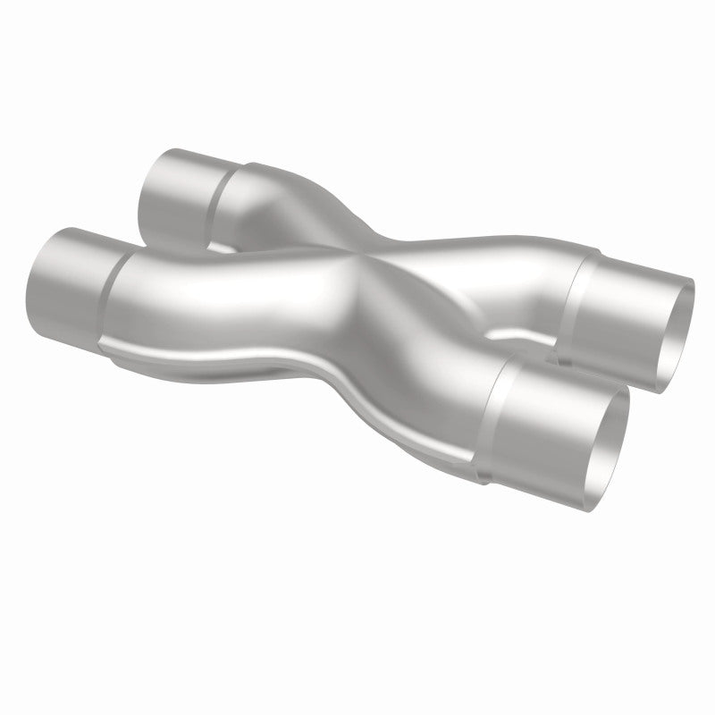 MagnaFlow Smooth Trans X 2.25/2.25 stainless steel X pipe for exhaust systems, showing the shiny polished metal surface.