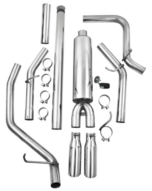 MBRP 14 Chevy/GMC Silverado/Sierra dual split side T409 3-inch cat back exhaust system shown on pickup truck.