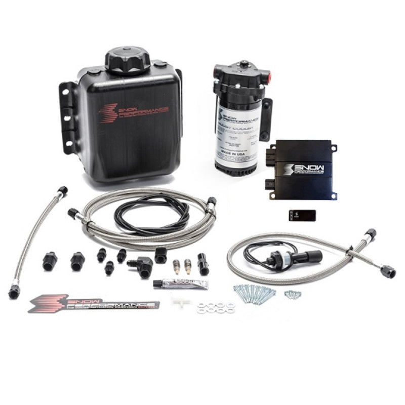 Snow Performance Stage 2 Boost Cooler water methanol injection kit with SS braid line and 4AN fittings for engine cooling.