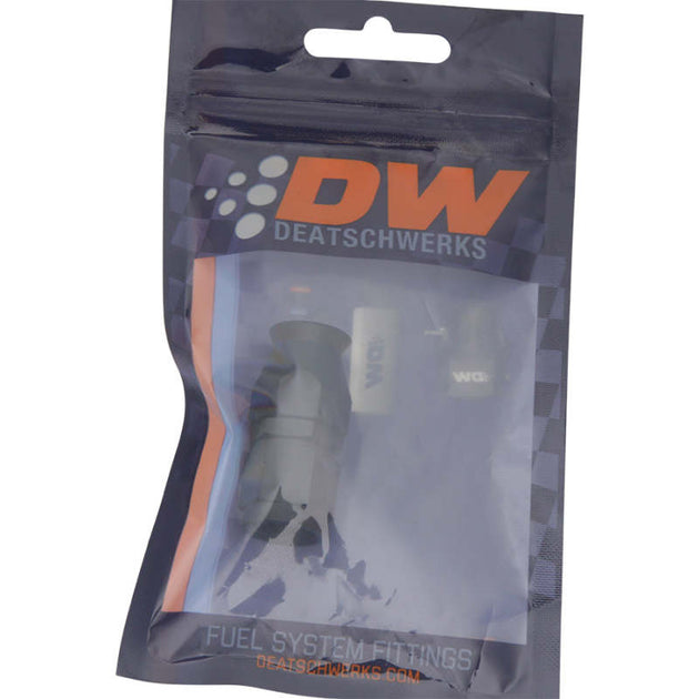 DeatschWerks 6AN female swivel straight hose end fitting with PTFE and olive insert, anodized matte black, for high-performance fuel systems.
